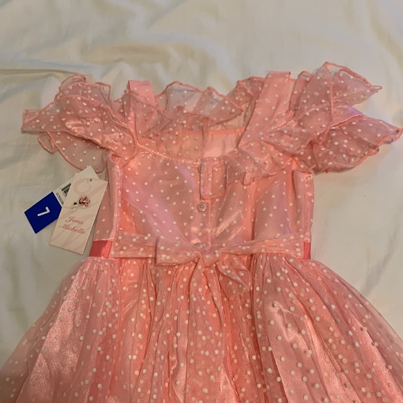 Girls coral bow poke-a-dot ruffle dress - Picture 3 of 3